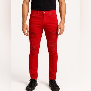 NWT Men’s Slim Fit Stretch Red Ripped Jeans Red Size 28